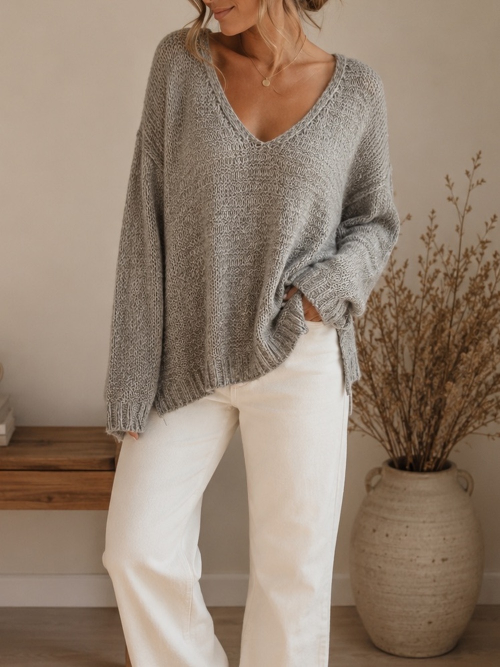 H&M Grey Marled Knit V-Neck Sweater Size L Cozy Oversized Lightweight Pullover